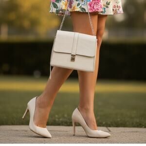 Leather Cream Croc Print Shoulder Bag Medium Gold Chain + Leather Strap